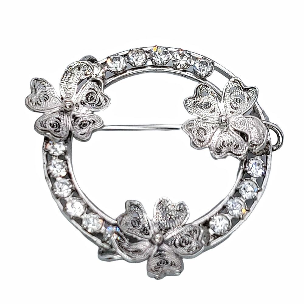 Vintage Carl Art Sterling Silver Rhinestone Wreath Brooch Signed 925 Flower Pin